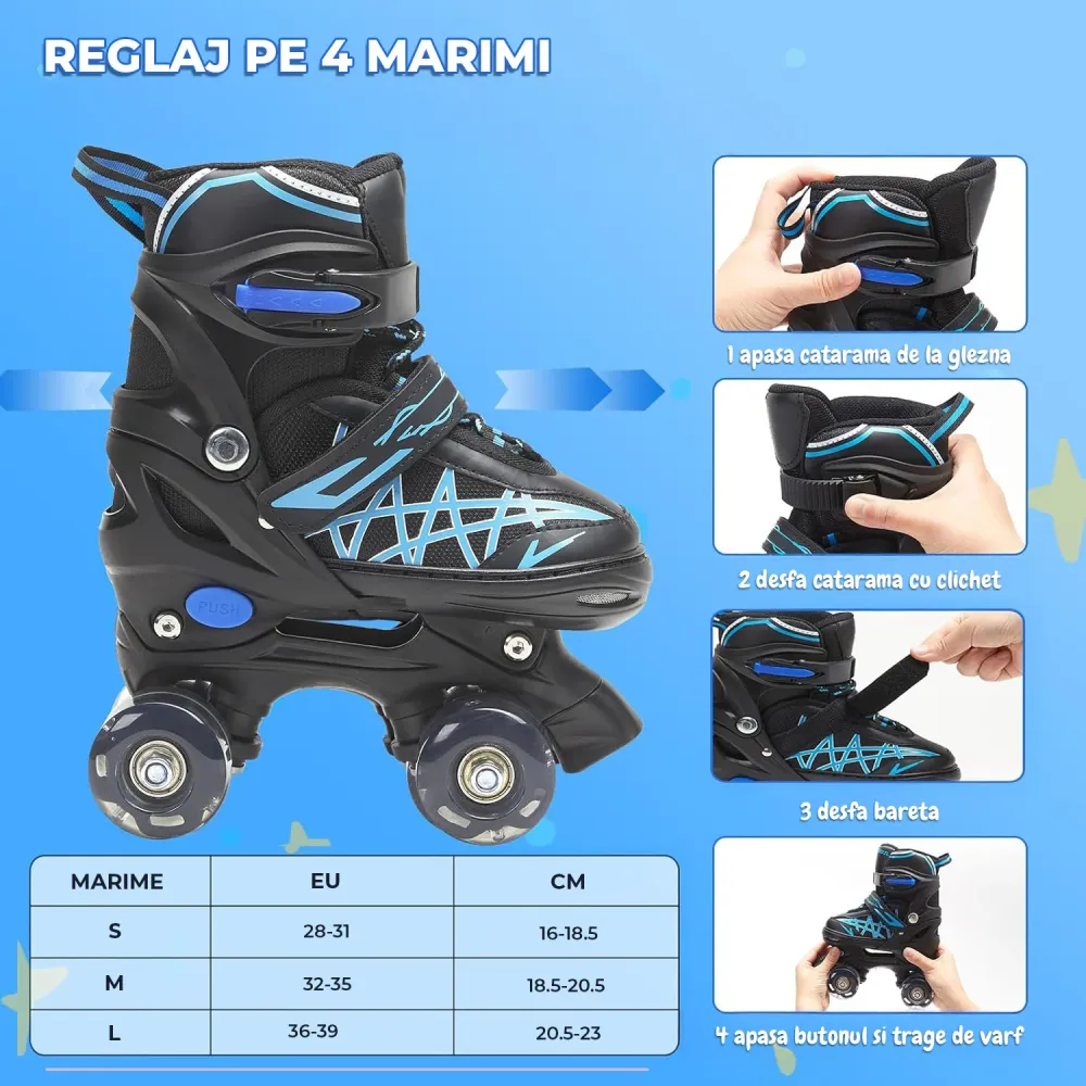 Role Reglabile Elindor® pentru Copii, Fete si Baieti, 4 Roti cu Lumini Quad, Ajutatoare, Rotile din Silicon, Rulmenti ABEC...
