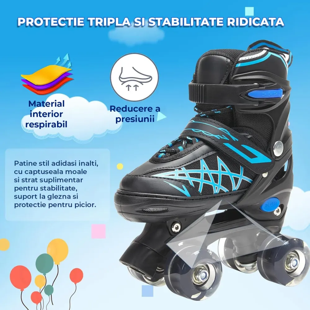 Role Reglabile Elindor® pentru Copii, Fete si Baieti, 4 Roti cu Lumini Quad, Ajutatoare, Rotile din Silicon, Rulmenti ABEC...