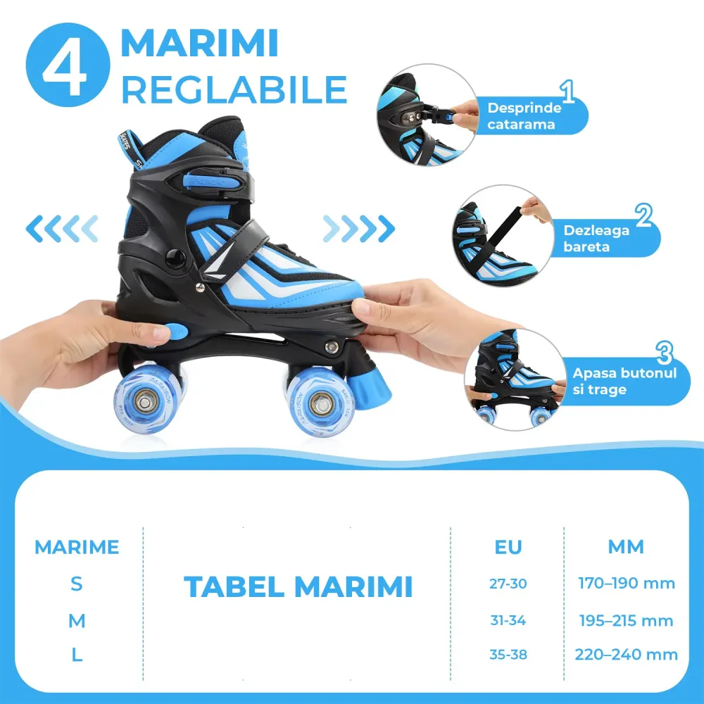 Role Reglabile Elindor® pentru Copii, Fete si Baieti, 4 Roti cu Lumini Quad, Rotile Ajutatoare, Rulmenti ABEC-7, Aluminiu...