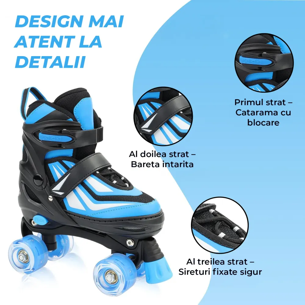 Role Reglabile Elindor® pentru Copii, Fete si Baieti, 4 Roti cu Lumini Quad, Rotile Ajutatoare, Rulmenti ABEC-7, Aluminiu...