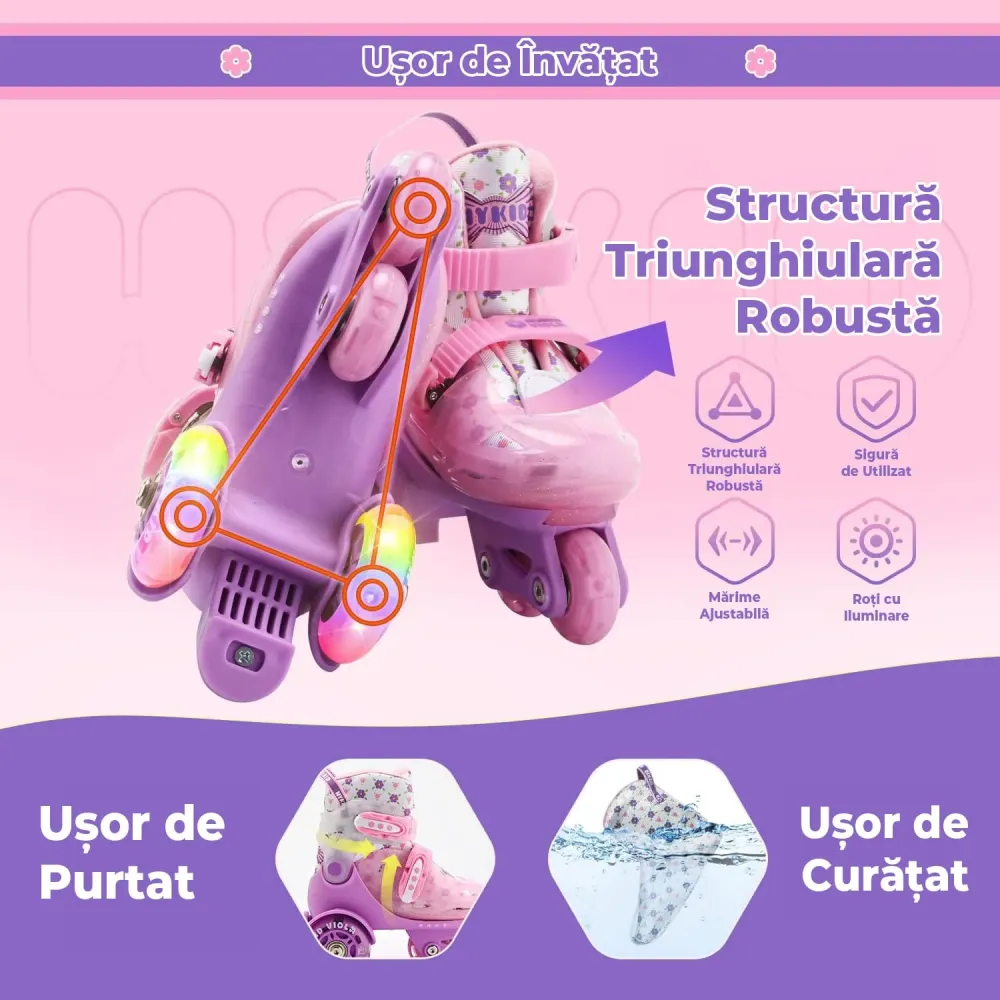 Role Reglabile pentru Copii, Platforma Triunghi pentru Stabilitate, Roti Luminoase din Silicon, 4 Roti, Pentru Incepatori,...