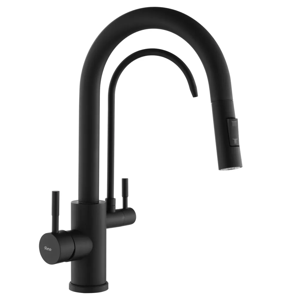 Baterie bucatarie Rea Eco Fresh, cu 3 cai pentru filtru de purificare si dus extractibil, negru mat