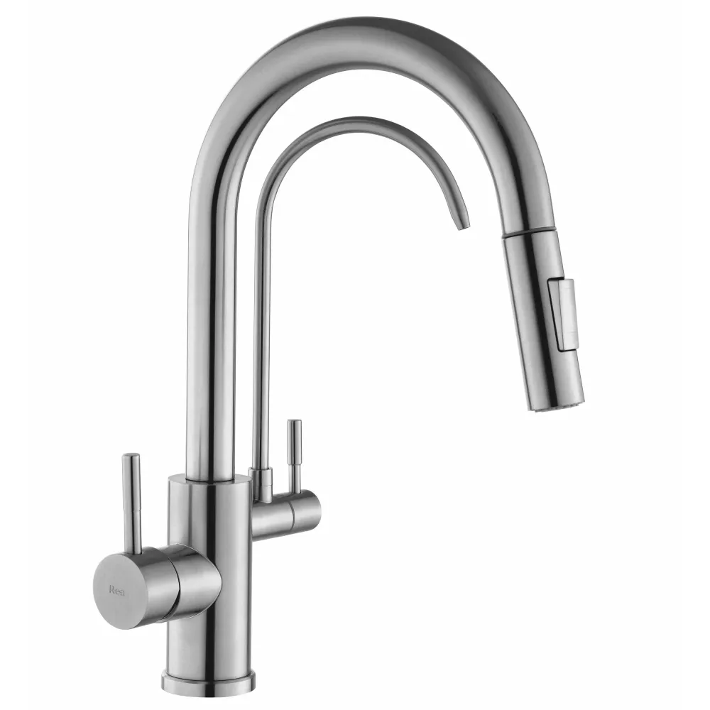 Baterie bucatarie Rea Eco Fresh, cu 3 cai pentru filtru de purificare si dus extractibil, argintiu periat