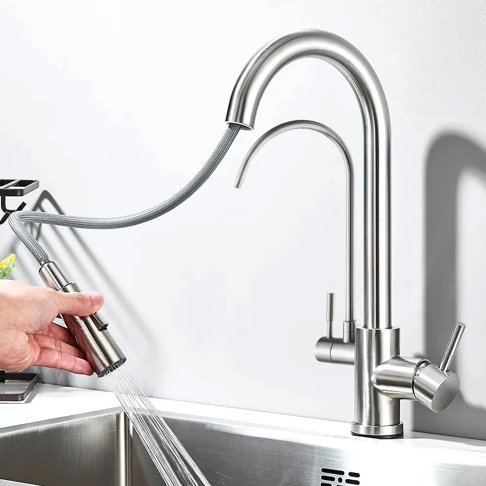 Baterie bucatarie Rea Eco Fresh, cu 3 cai pentru filtru de purificare si dus extractibil, argintiu periat