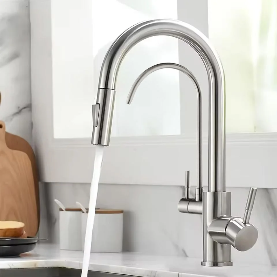 Baterie bucatarie Rea Eco Fresh, cu 3 cai pentru filtru de purificare si dus extractibil, argintiu periat
