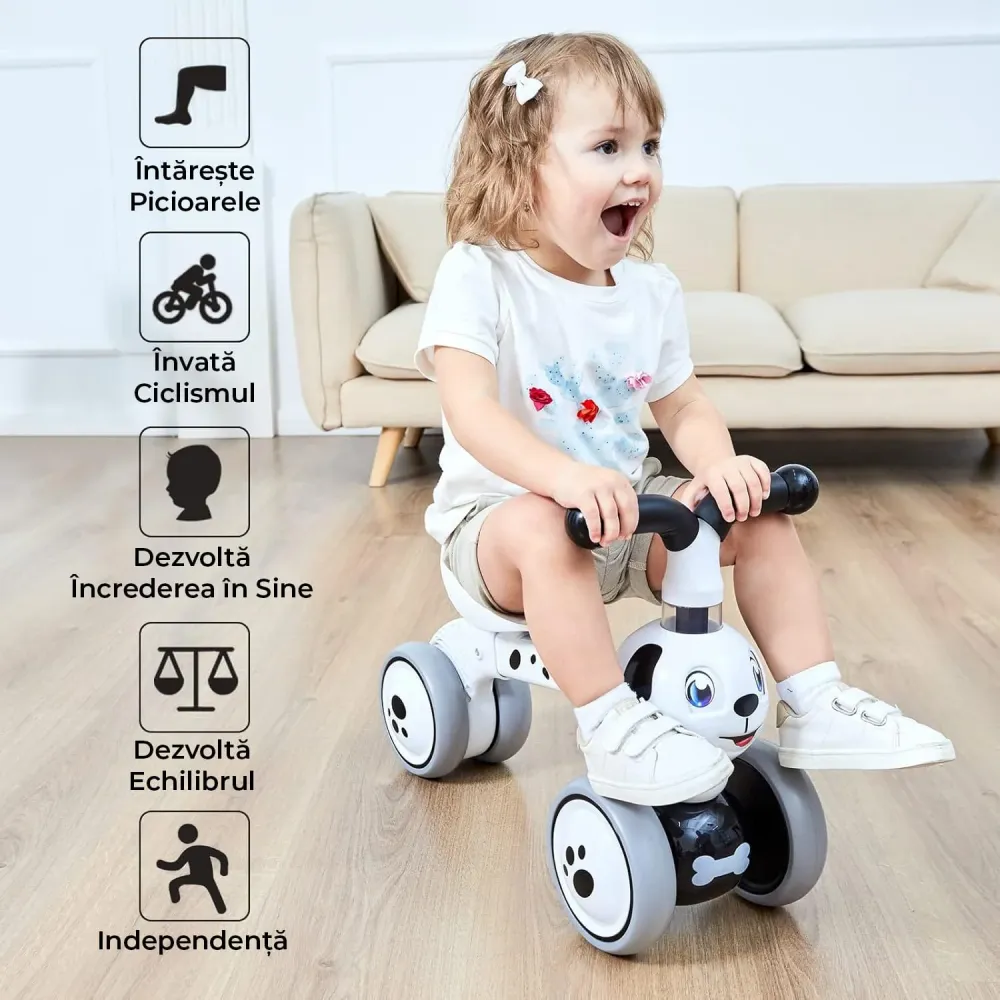 Bicicletă fără pedale pentru copii, 4 roți, design câine, alb, 10-36 luni