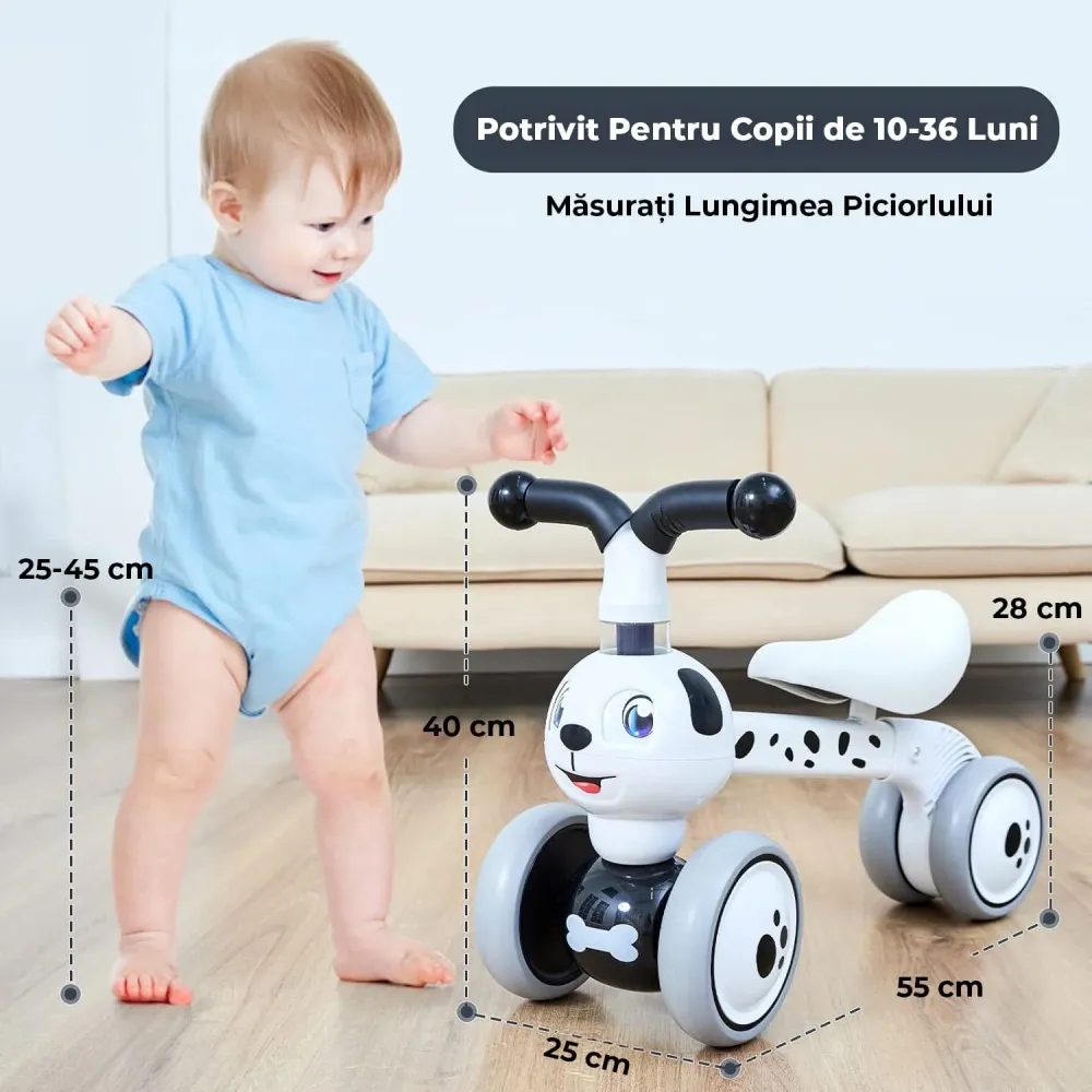 Bicicletă fără pedale pentru copii, 4 roți, design câine, alb, 10-36 luni