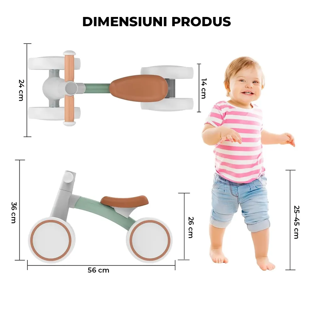 Bicicleta Fara Pedale Elindor® pentru Copii, cu 4 Roti, Usoara, Silentioasa, Robusta, Sa Ergonomica, Dezvolta Echilibrul s...