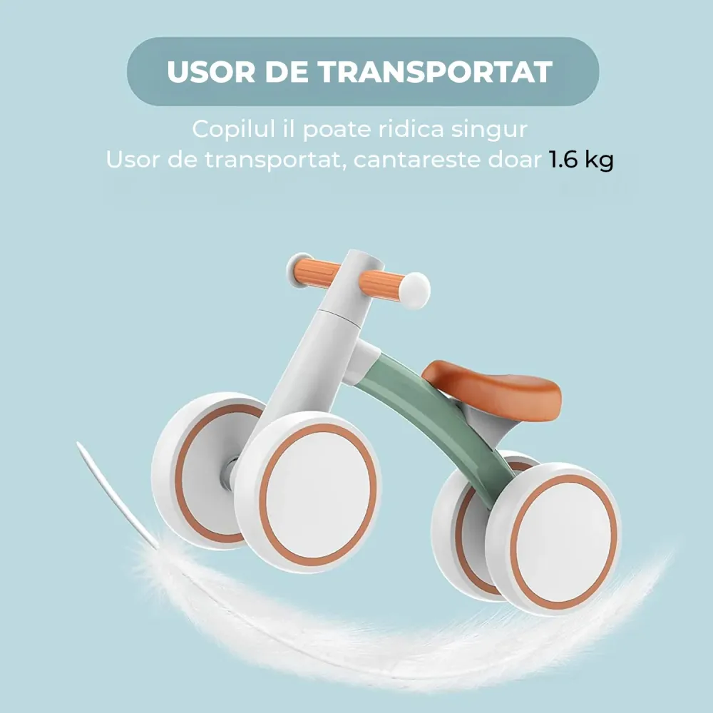 Bicicleta Fara Pedale Elindor® pentru Copii, cu 4 Roti, Usoara, Silentioasa, Robusta, Sa Ergonomica, Dezvolta Echilibrul s...