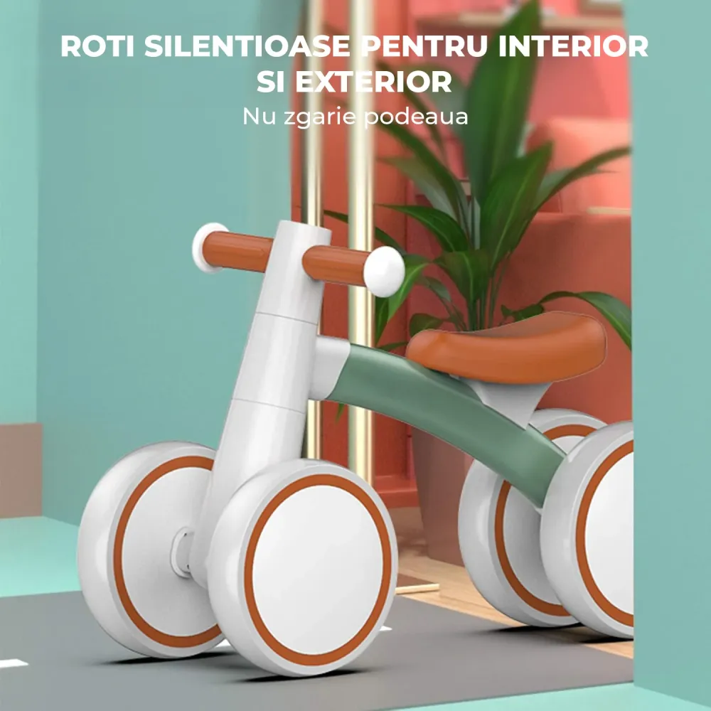 Bicicleta Fara Pedale Elindor® pentru Copii, cu 4 Roti, Usoara, Silentioasa, Robusta, Sa Ergonomica, Dezvolta Echilibrul s...