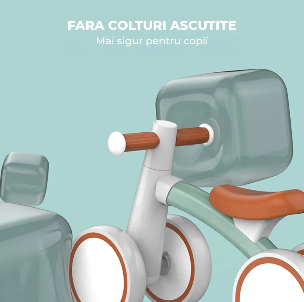 Bicicleta Fara Pedale Elindor® pentru Copii, cu 4 Roti, Usoara, Silentioasa, Robusta, Sa Ergonomica, Dezvolta Echilibrul s...