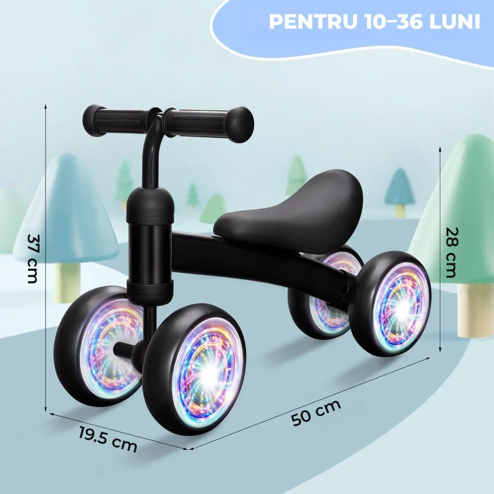 Bicicleta fara Pedale Elindor® pentru Copii, cu 4 Roti cu LED, Usoara, Silentioasa, Robusta, Sa Ergonomica, Dezvolta Echil...
