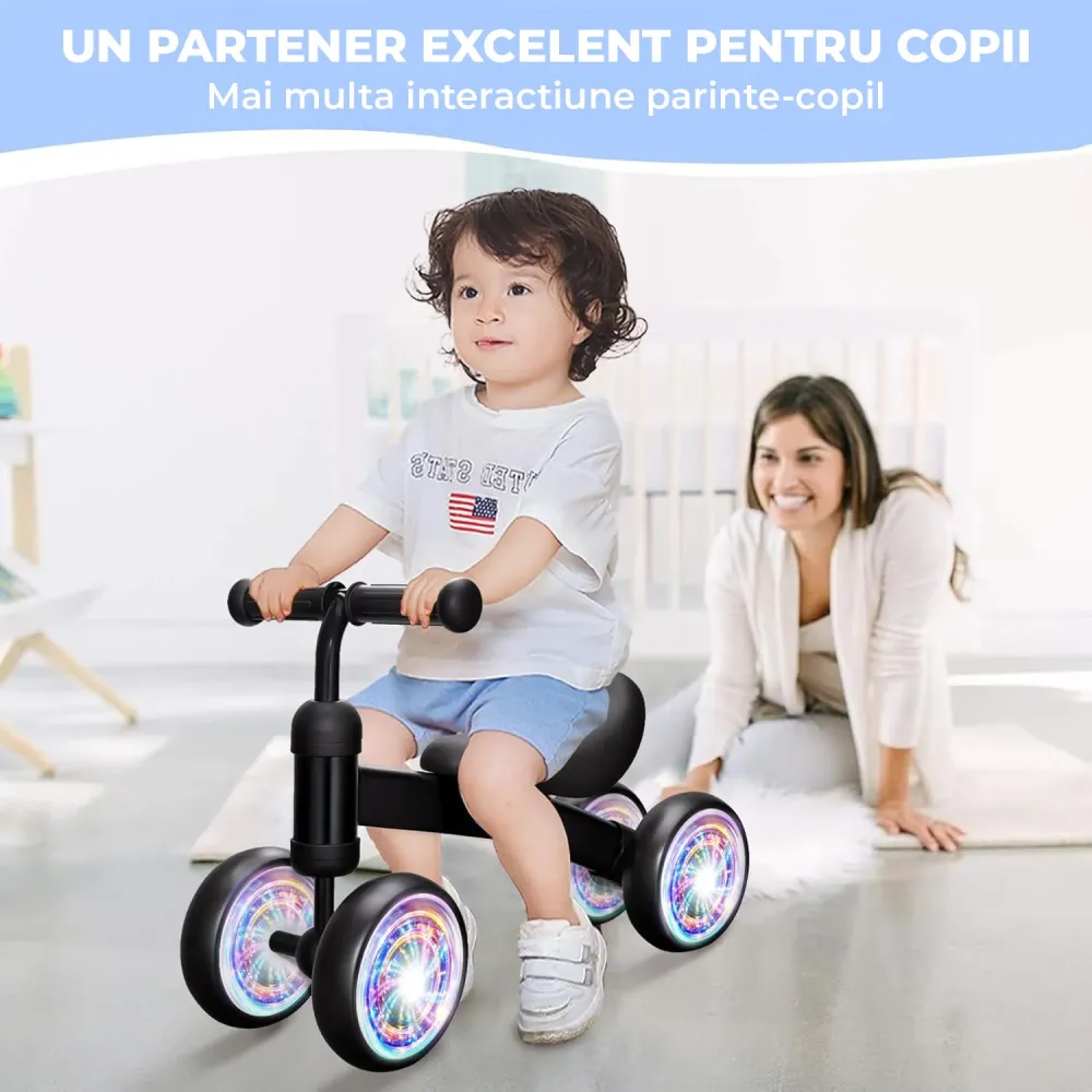 Bicicleta fara Pedale Elindor® pentru Copii, cu 4 Roti cu LED, Usoara, Silentioasa, Robusta, Sa Ergonomica, Dezvolta Echil...