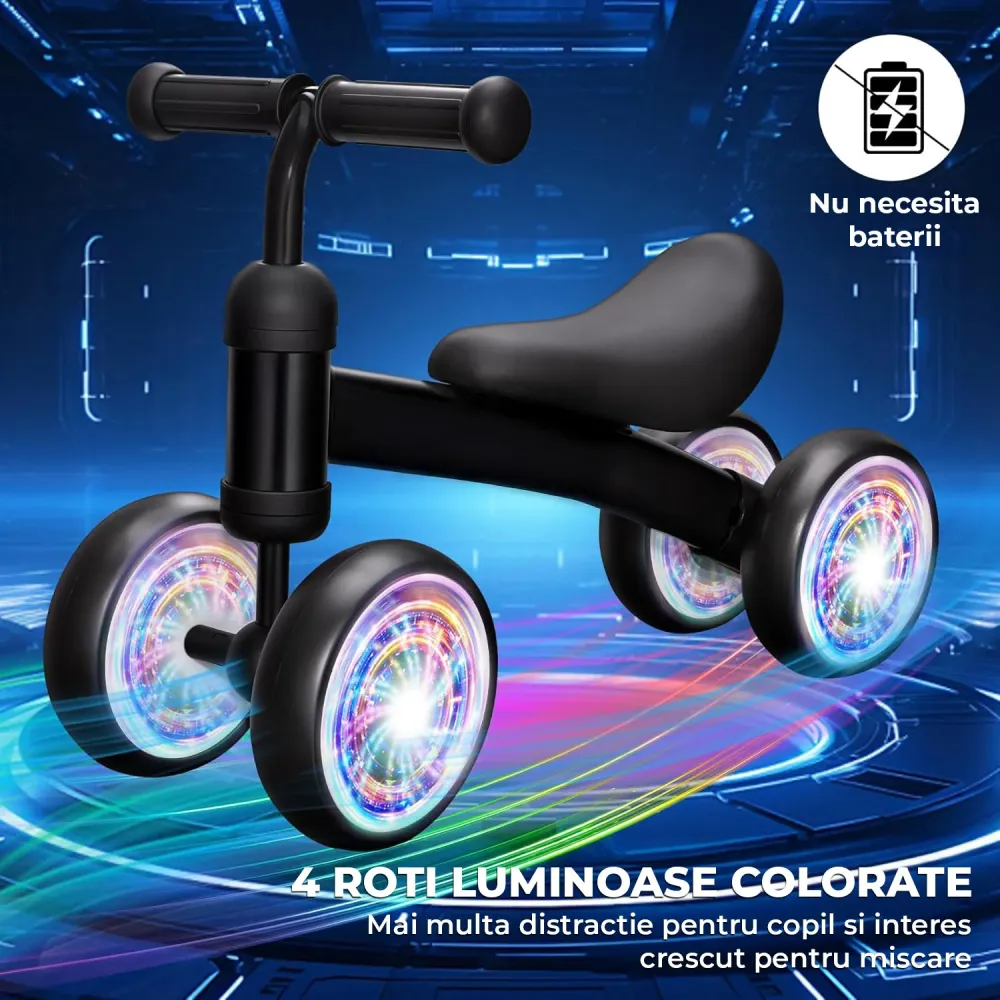 Bicicleta fara Pedale Elindor® pentru Copii, cu 4 Roti cu LED, Usoara, Silentioasa, Robusta, Sa Ergonomica, Dezvolta Echil...