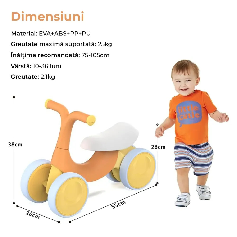 Bicicleta fara pedale pentru copii, 4 roti, usoara, roti silentioase, sa ergonomica, dezvoltare echilibru si coordonare, 1...