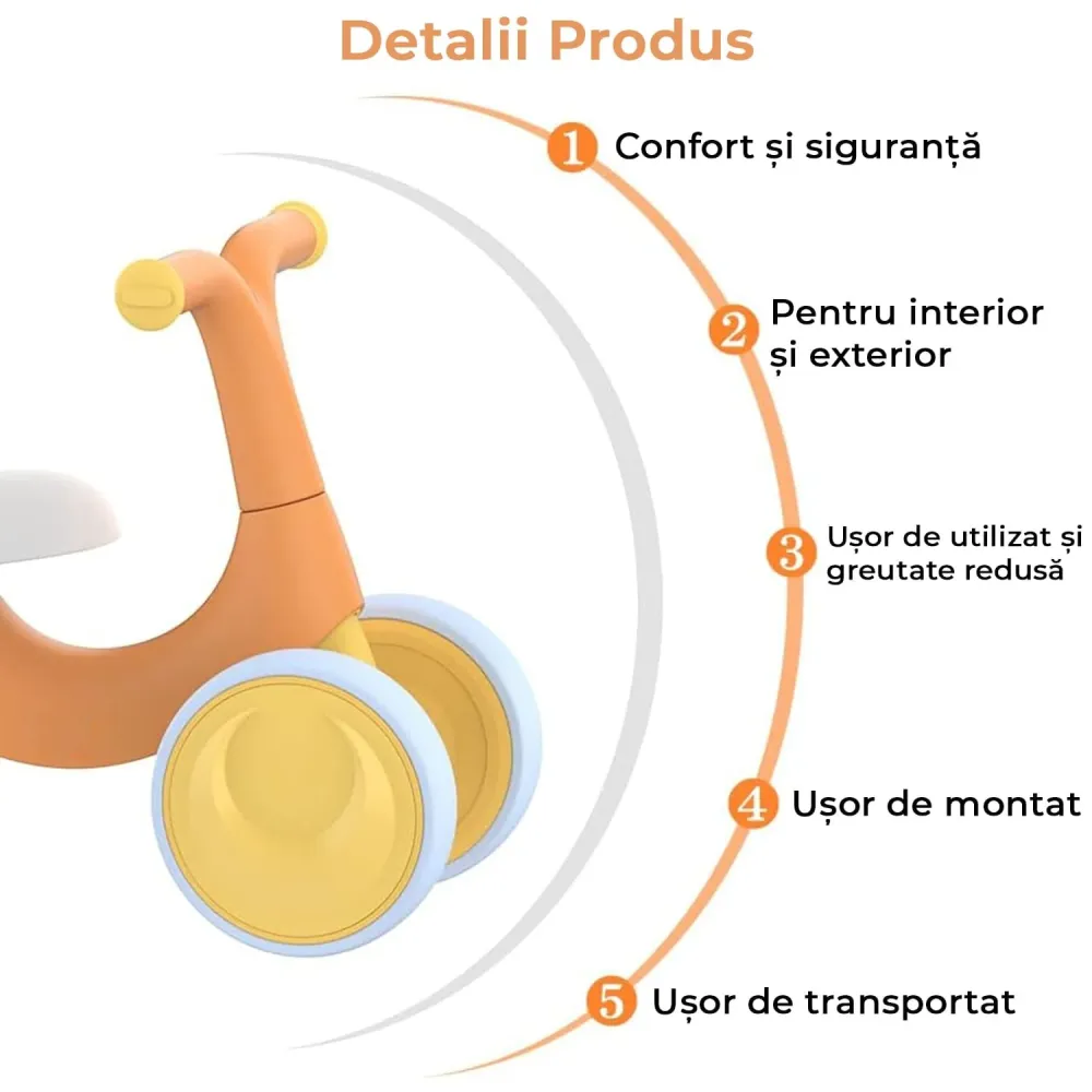 Bicicleta fara pedale pentru copii, 4 roti, usoara, roti silentioase, sa ergonomica, dezvoltare echilibru si coordonare, 1...