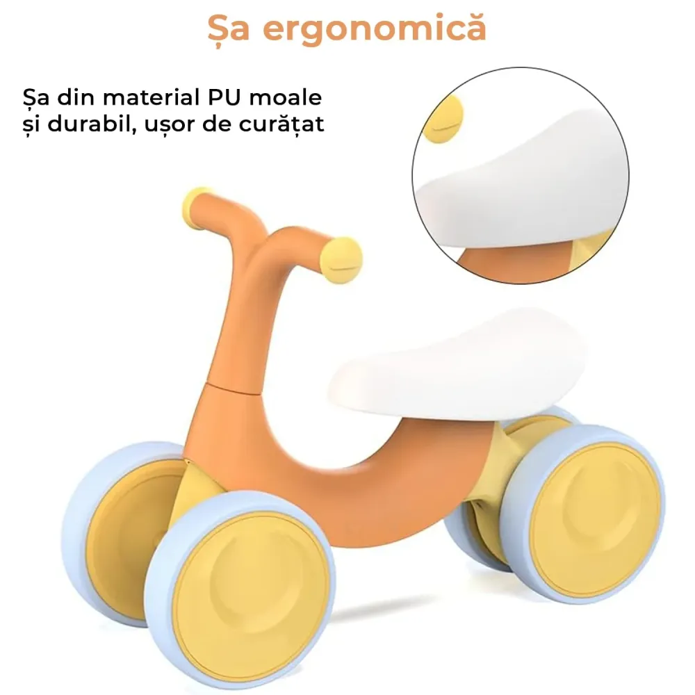 Bicicleta fara pedale pentru copii, 4 roti, usoara, roti silentioase, sa ergonomica, dezvoltare echilibru si coordonare, 1...