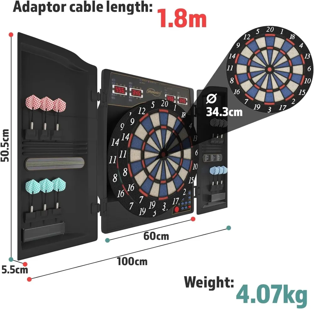 Set darts electronic, LED, pentru 1-16 jucatori, 12 sageti, 100 varfuri rezerva, 60 x 50, 5 x 5, 5 cm