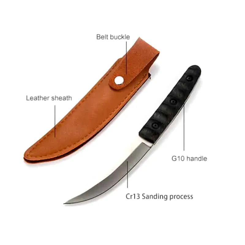 Briceag cu husa piele vegana, lama fixa, otel japonez, calire laser, maner G10, Negru