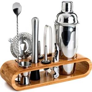 Set de Barman pentru Bauturi, suport din Bambus, Shaker Cobbler 550 ml, 10 Piese, Otel Inoxidabil, Argintiu