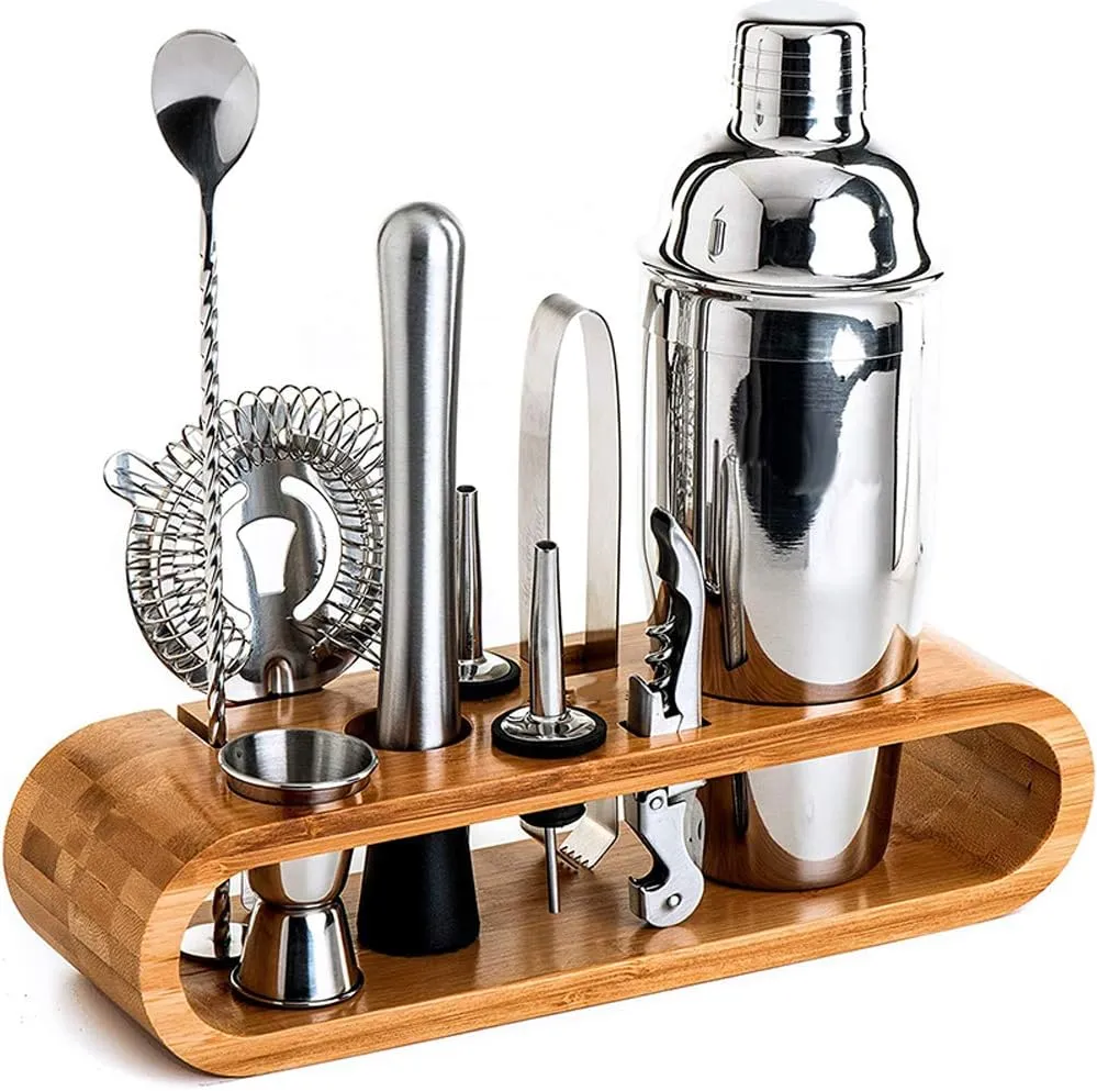 Set de Barman pentru Bauturi, suport din Bambus, Shaker Cobbler 550 ml, 10 Piese, Otel Inoxidabil, Argintiu