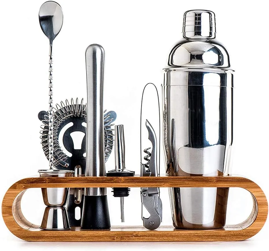 Set de Barman pentru Bauturi, suport din Bambus, Shaker Cobbler 550 ml, 10 Piese, Otel Inoxidabil, Argintiu