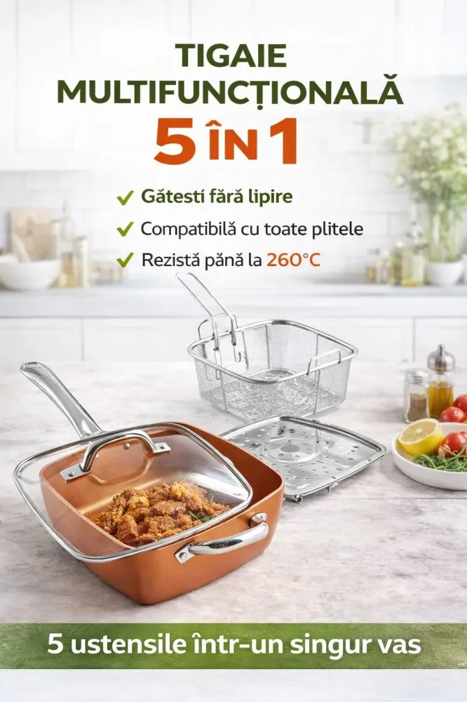 Tigaie Non-Aderentă 5 Piese Ceramică Inox – Friteuză + Grătar + Capac Sticlă Incluse