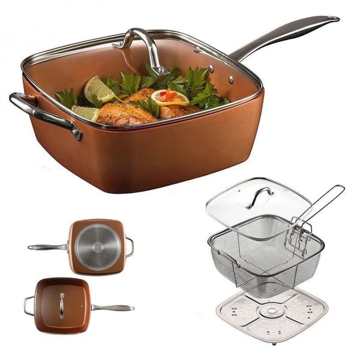 Tigaie Non-Aderentă 5 Piese Ceramică Inox – Friteuză + Grătar + Capac Sticlă Incluse