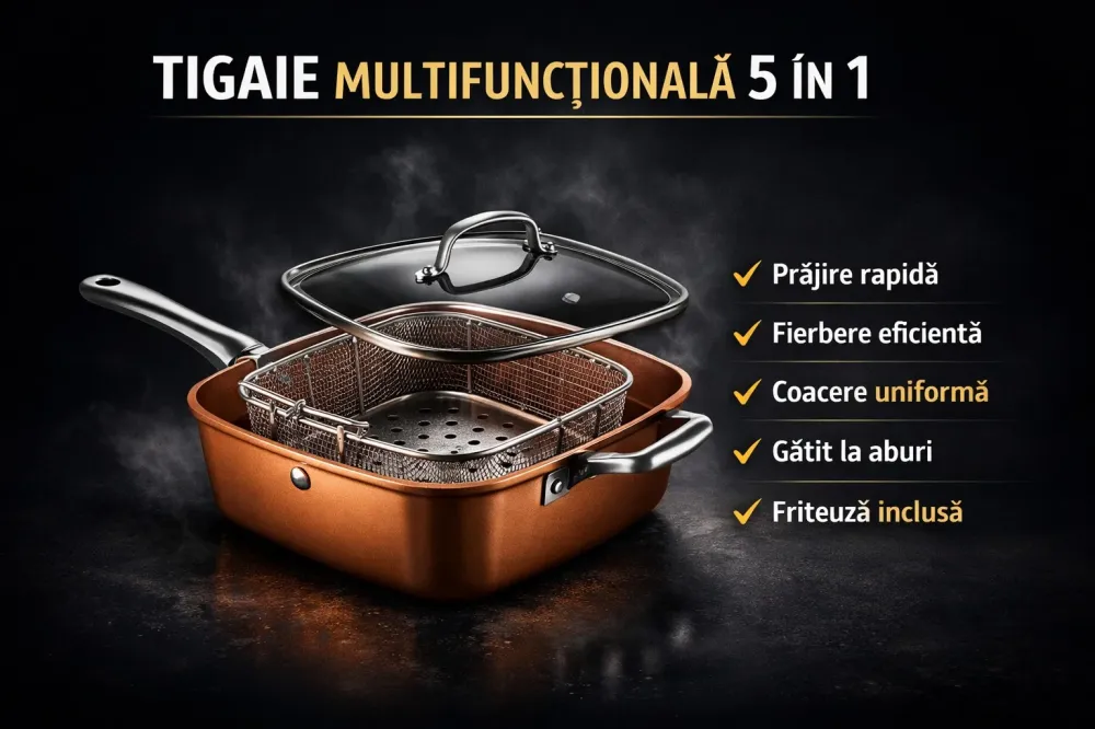Tigaie Non-Aderentă 5 Piese Ceramică Inox – Friteuză + Grătar + Capac Sticlă Incluse