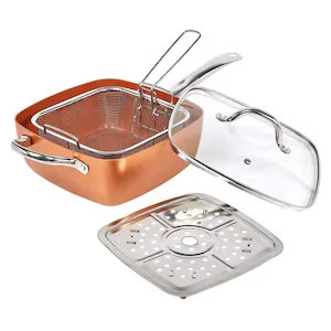 Tigaie Non-Aderentă 5 Piese Ceramică Inox – Friteuză + Grătar + Capac Sticlă Incluse