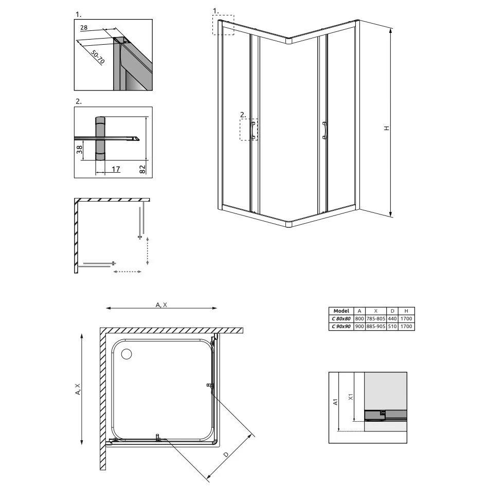 Cabina dus patrata cu usi glisante Radaway Premium Plus C 1700 90x90 cm, sticla fabric