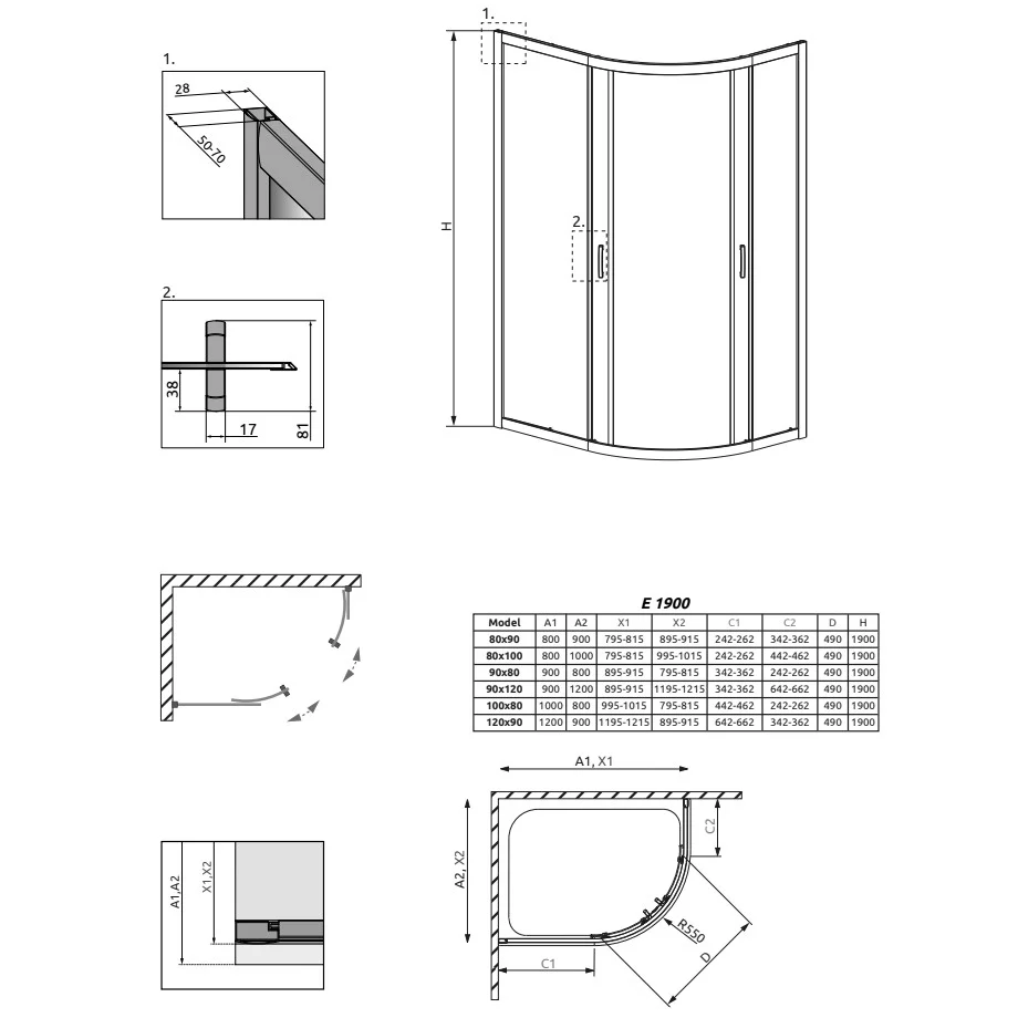 Cabina dus semirotunda asimetrica cu usi glisante Radaway Premium Plus E 1900 90x80 cm, sticla gri