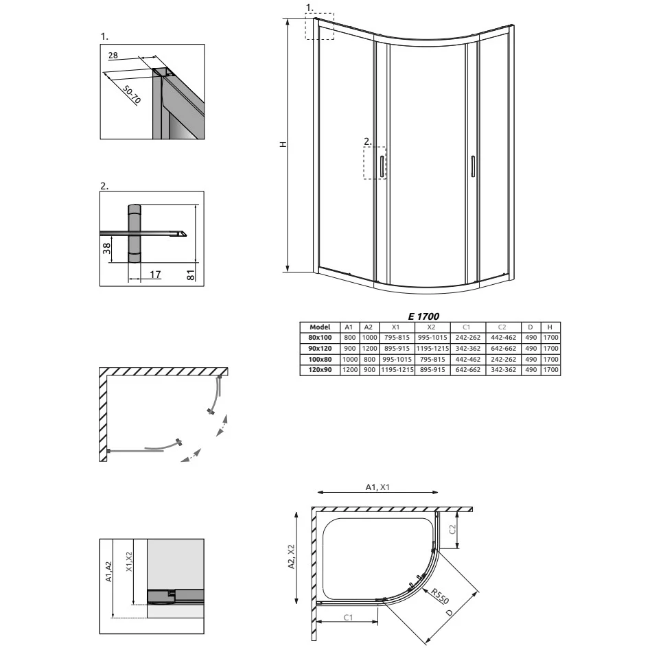Cabina dus semirotunda asimetrica cu usi glisante Radaway Premium Plus E 1700 120x90 cm, sticla maro