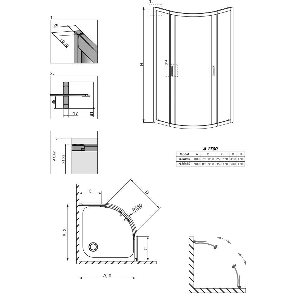 Cabina dus semirotunda cu usi glisante Radaway Premium Plus 1700 80x80 cm, sticla gri
