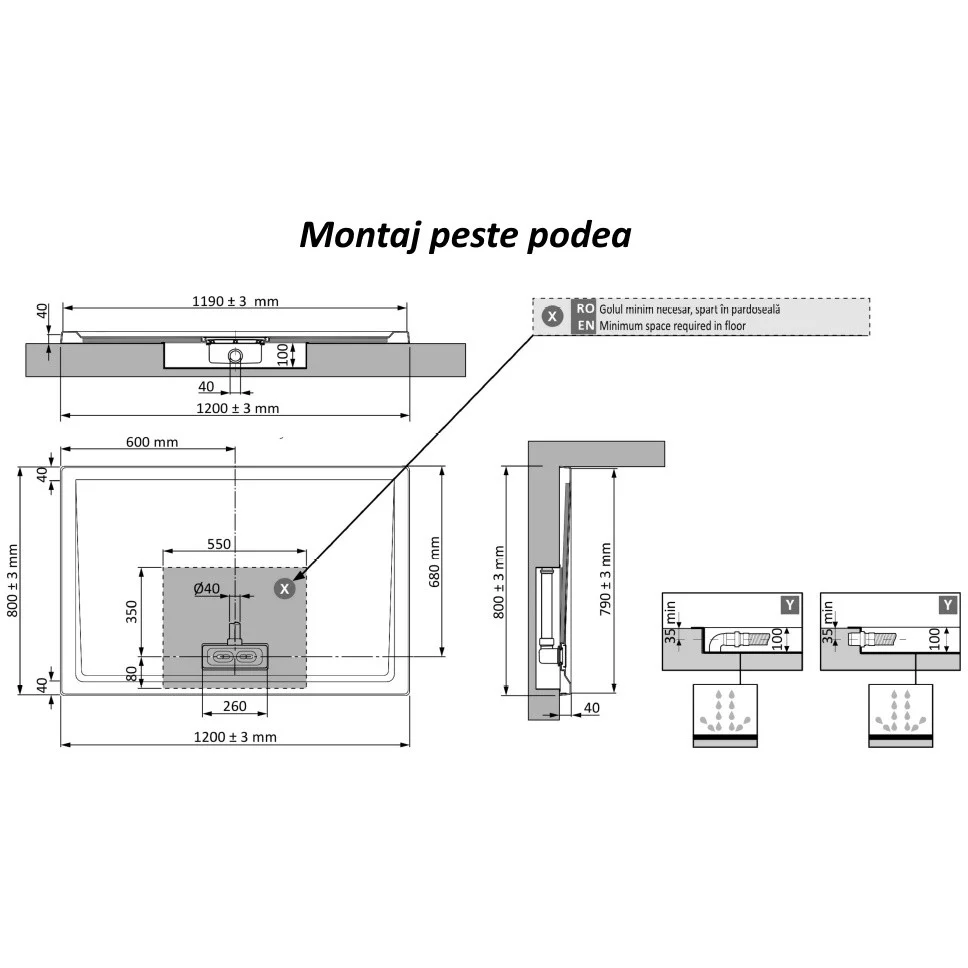 Cadita dus dreptunghiulara acril aspect piatra Belform Celesta Slim 120x80 cm, gri