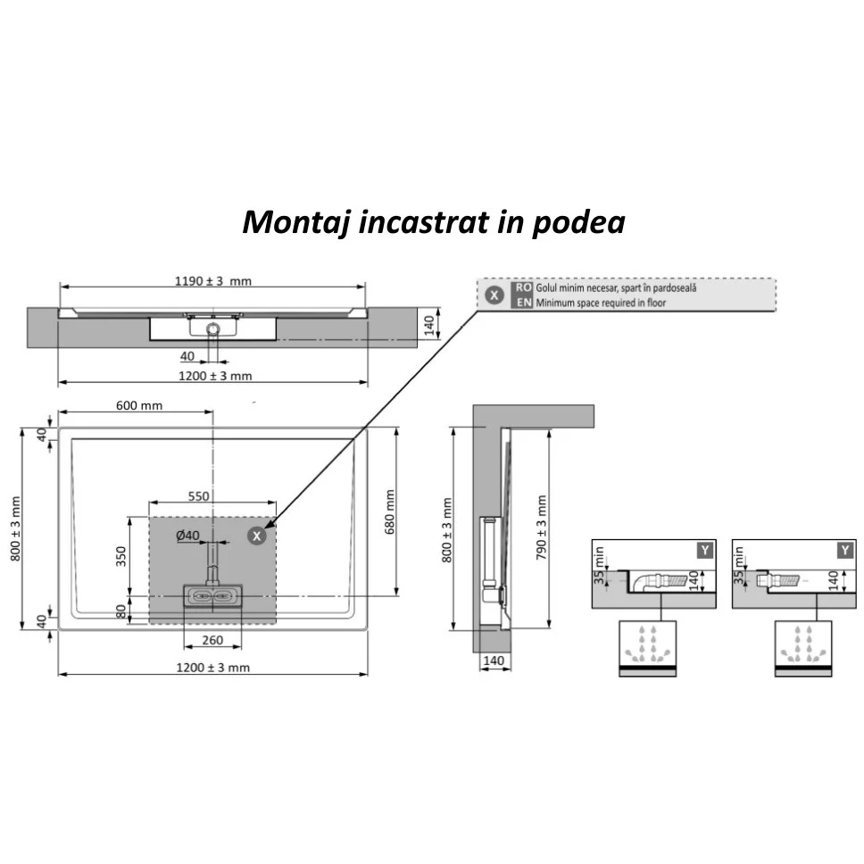 Cadita dus dreptunghiulara acril aspect piatra Belform Celesta Slim 120x80 cm, gri
