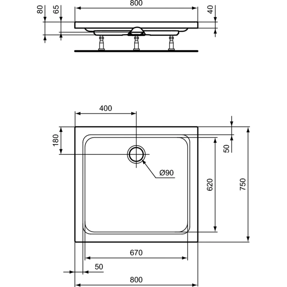 Cadita dus dreptunghiulara Ideal Standard Hotline New 80x75 cm