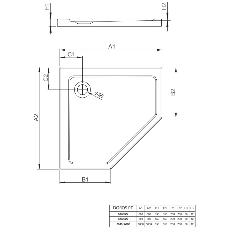 Cadita dus pentagonala Radaway Doros PT 100x100 cm