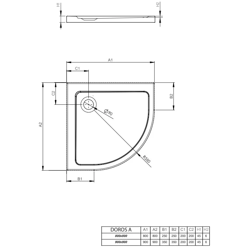Cadita dus semirotunda Radaway Doros 90x90 cm