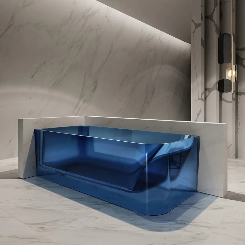 Cada de baie, de colt, 1600x750x550, din rasina, dreptunghiulara, albastru transparent, MonBlari
