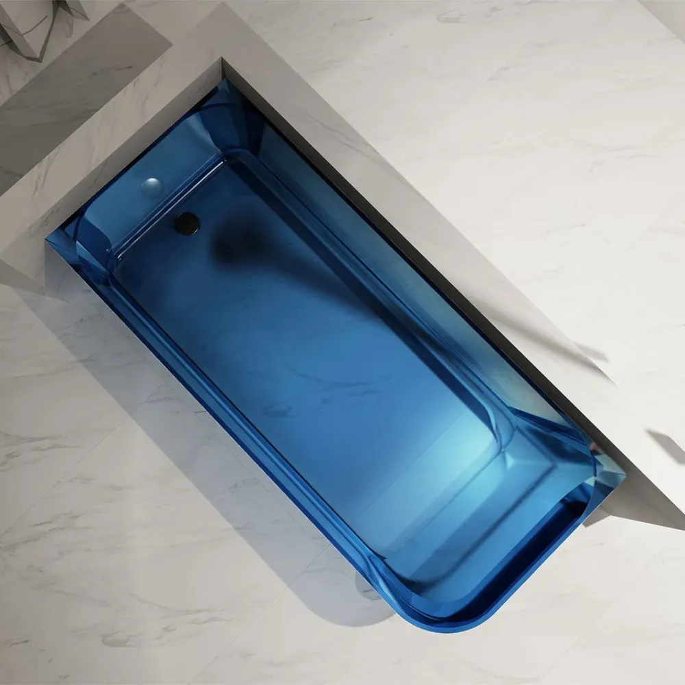 Cada de baie, de colt, 1600x750x550, din rasina, dreptunghiulara, albastru transparent, MonBlari
