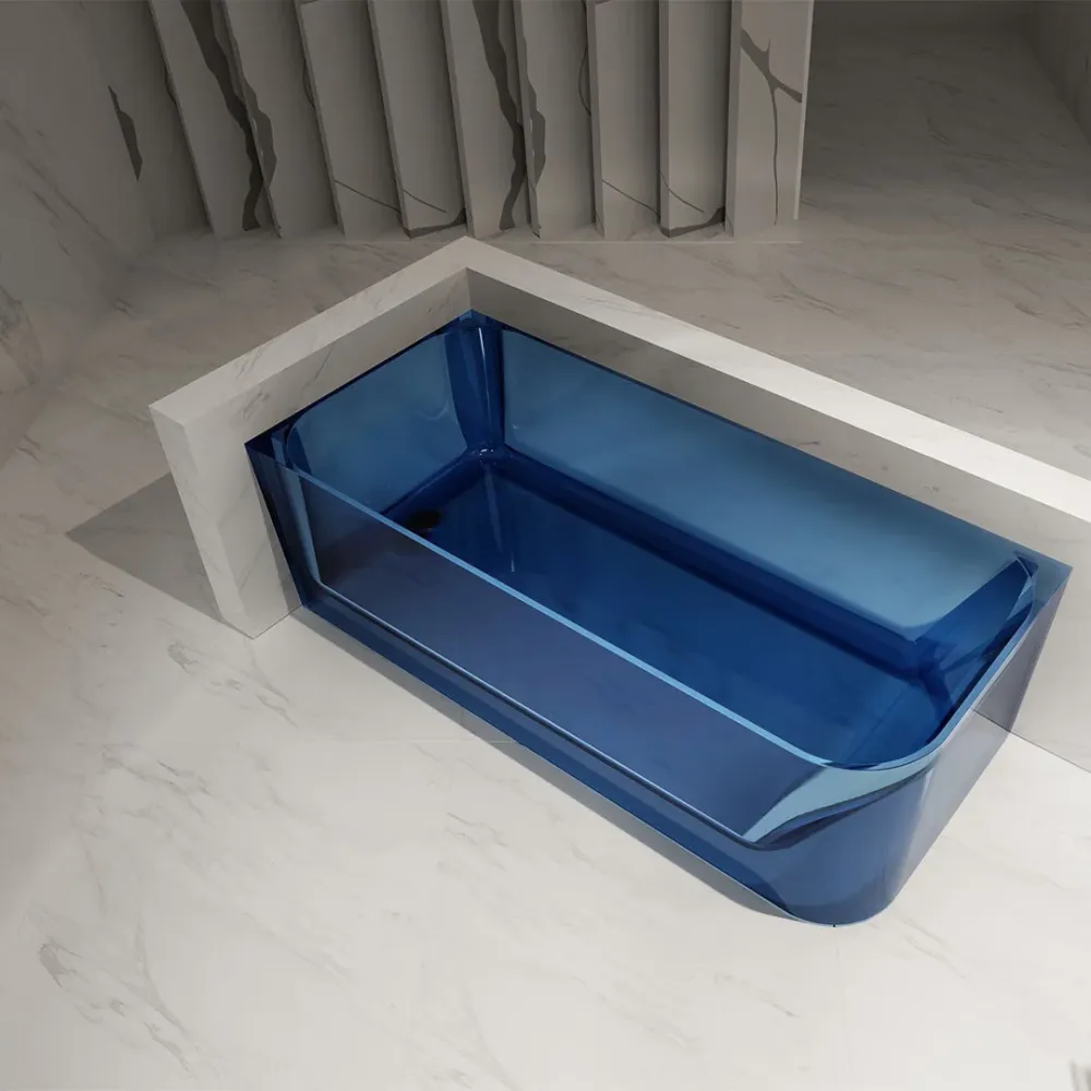 Cada de baie, de colt, 1600x750x550, din rasina, dreptunghiulara, albastru transparent, MonBlari