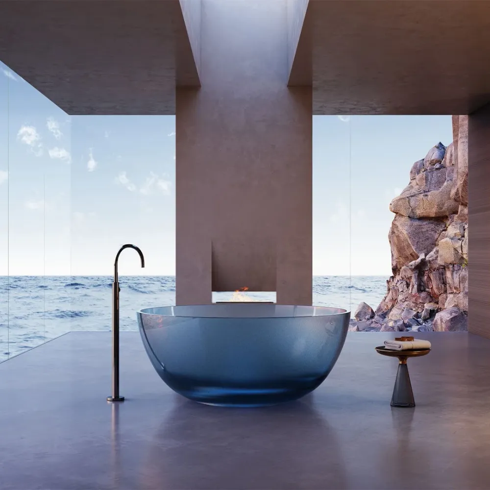 Cada de baie, freestanding, 1300x1300x550, din rasina, rotunda, albastru transparent, MonBlari