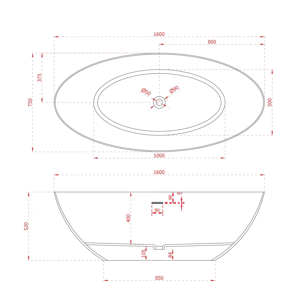 Cada de baie, freestanding, 1600x750x520 mm, din compozit, ovala, alb, MonBlari