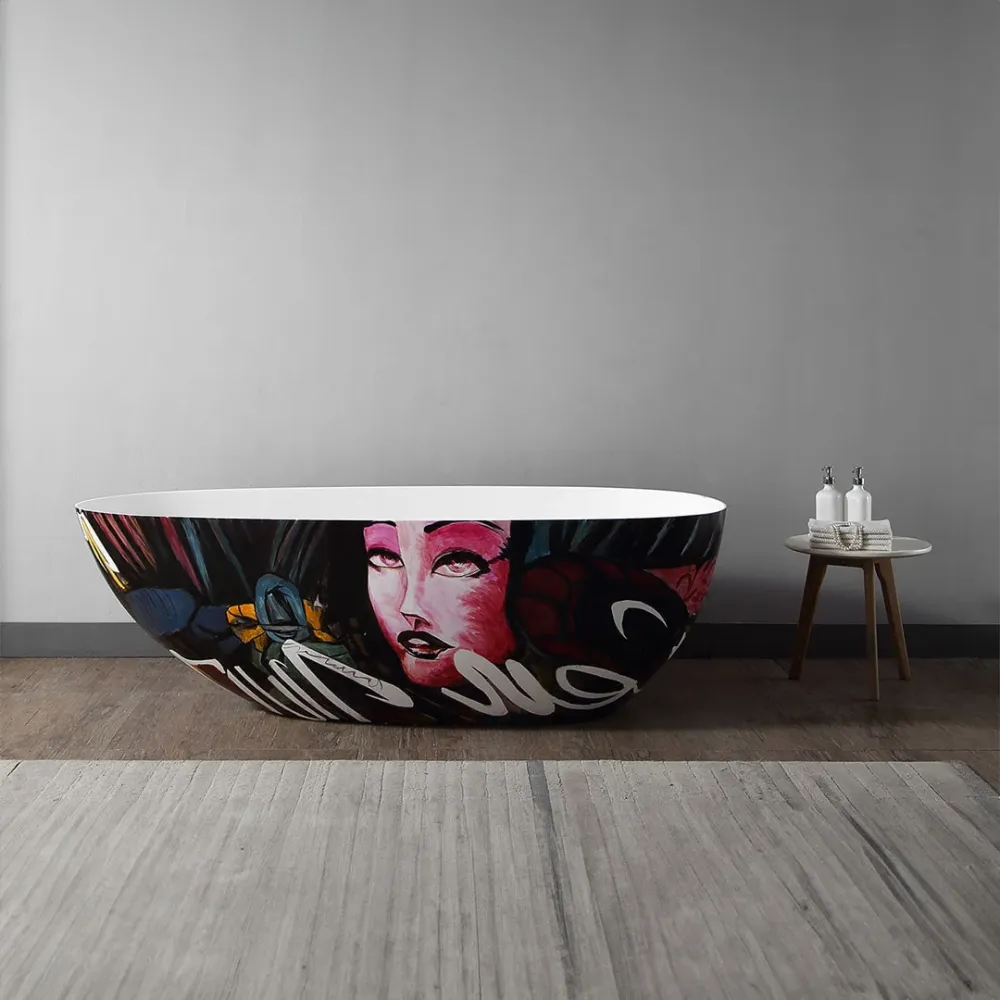 Cada de baie, freestanding, 1700x800x550, din compozit, ovala, alb lucios cu model, MonBlari