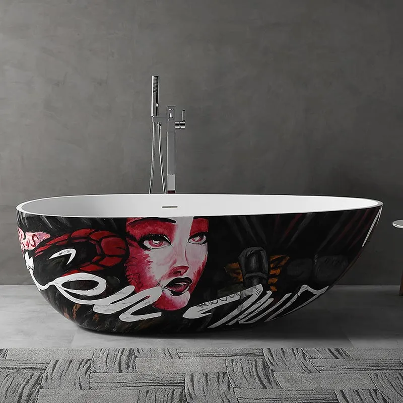 Cada de baie, freestanding, 1700x860x540, din compozit, ovala, alb lucios cu model, MonBlari