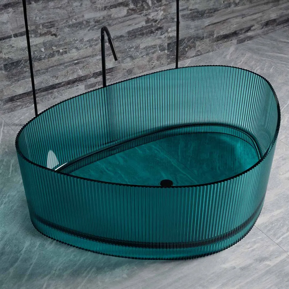 Cada de baie, freestanding, 1800x1300x550, din rasina, ovala, cu riflaje, albastru transparent, MonBlari