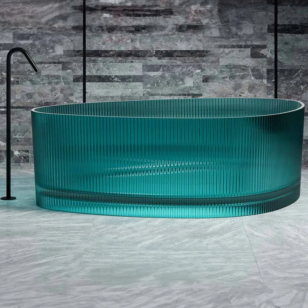 Cada de baie, freestanding, 1800x1300x550, din rasina, ovala, cu riflaje, albastru transparent, MonBlari
