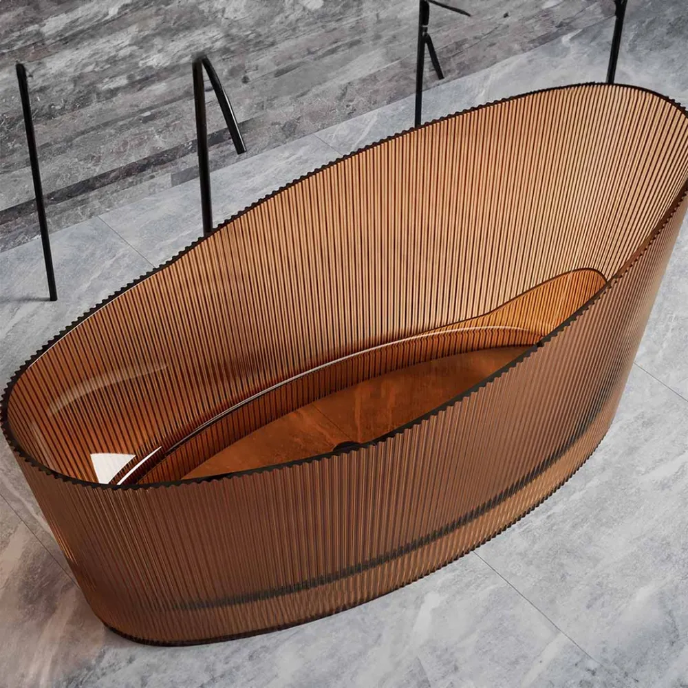 Cada de baie, freestanding, 1800x850x760, din rasina, ovala, cu riflaje, maro transparent, MonBlari
