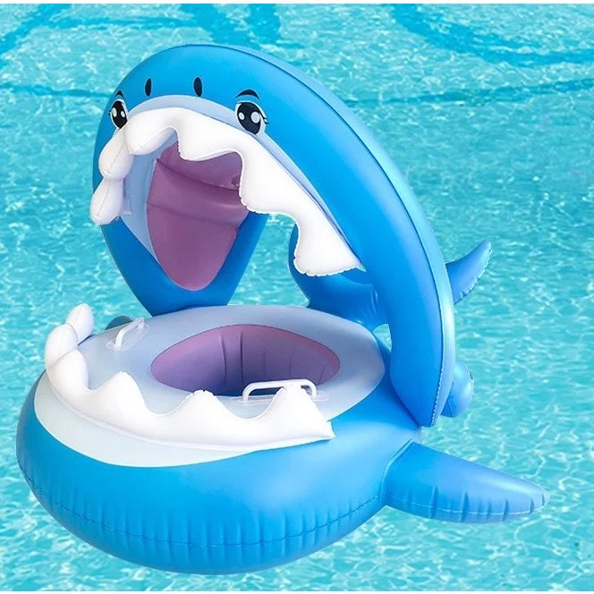 Colac de inot gonflabil pentru copii, Albastru, Model Rechin, 90 cm, Vivimall